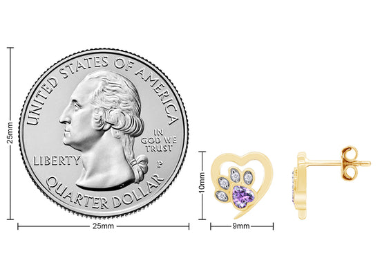 Heart & Round Cut Simulated Birthstone & White Cubic Zirconia Cat Puppy Paw Print Stud Earrings In 925 Sterling Silver