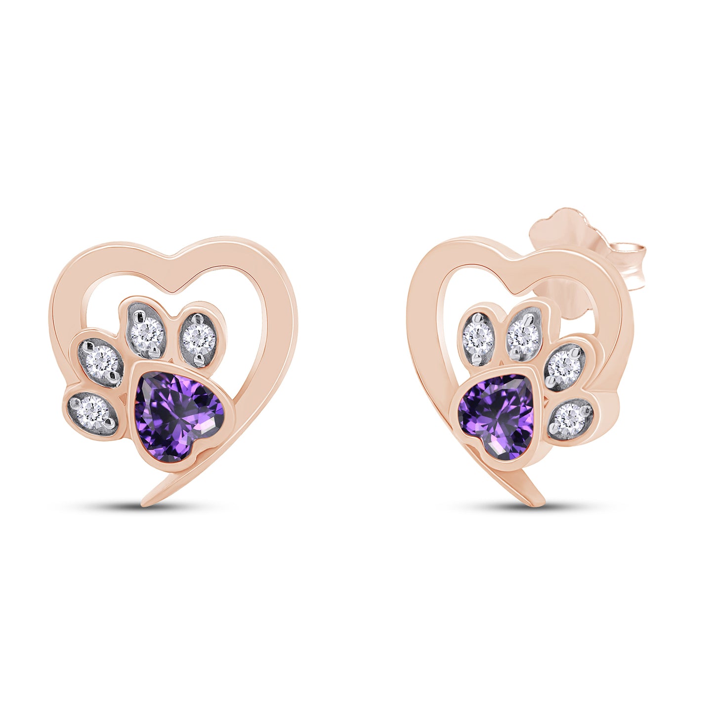 Heart & Round Cut Simulated Birthstone & White Cubic Zirconia Cat Puppy Paw Print Stud Earrings In 925 Sterling Silver