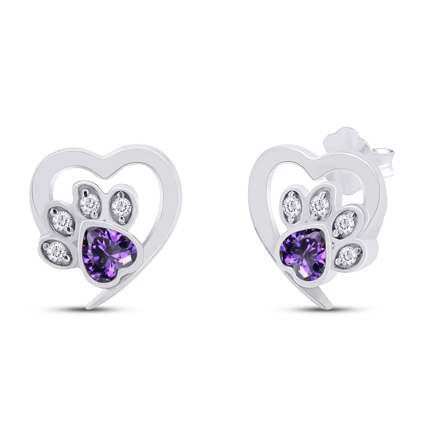 Heart & Round Cut Simulated Birthstone & White Cubic Zirconia Cat Puppy Paw Print Stud Earrings In 925 Sterling Silver
