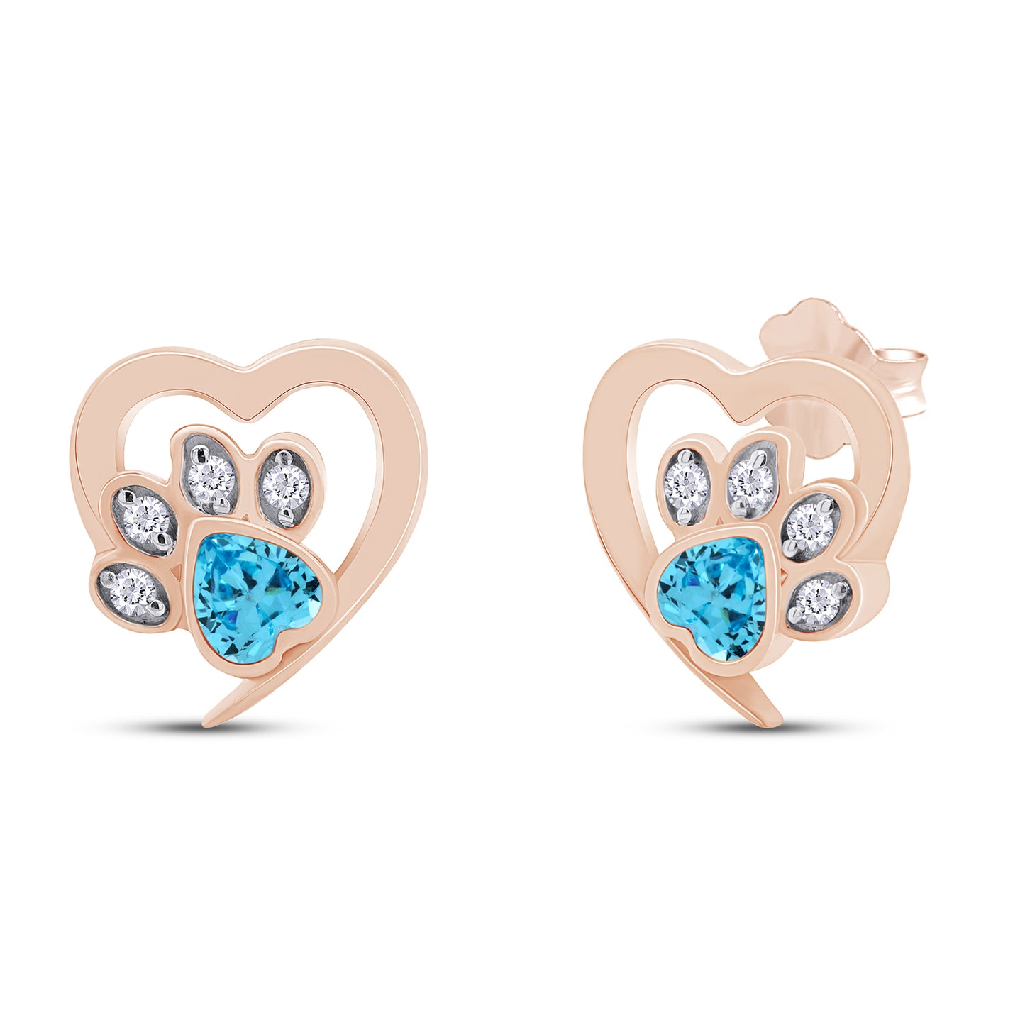 Heart & Round Cut Simulated Birthstone & White Cubic Zirconia Cat Puppy Paw Print Stud Earrings In 925 Sterling Silver