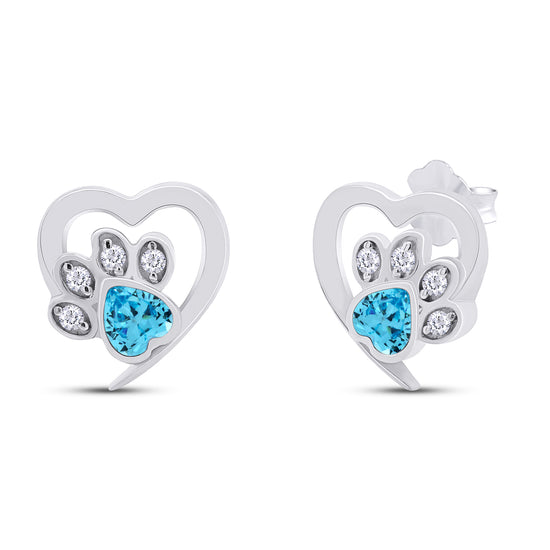 Heart & Round Cut Simulated Birthstone & White Cubic Zirconia Cat Puppy Paw Print Stud Earrings In 925 Sterling Silver