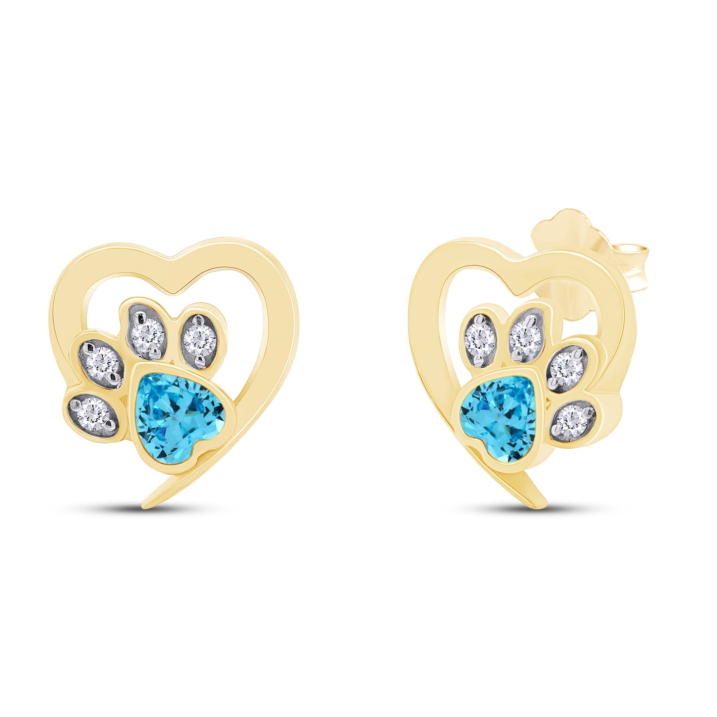 Heart & Round Cut Simulated Birthstone & White Cubic Zirconia Cat Puppy Paw Print Stud Earrings In 925 Sterling Silver