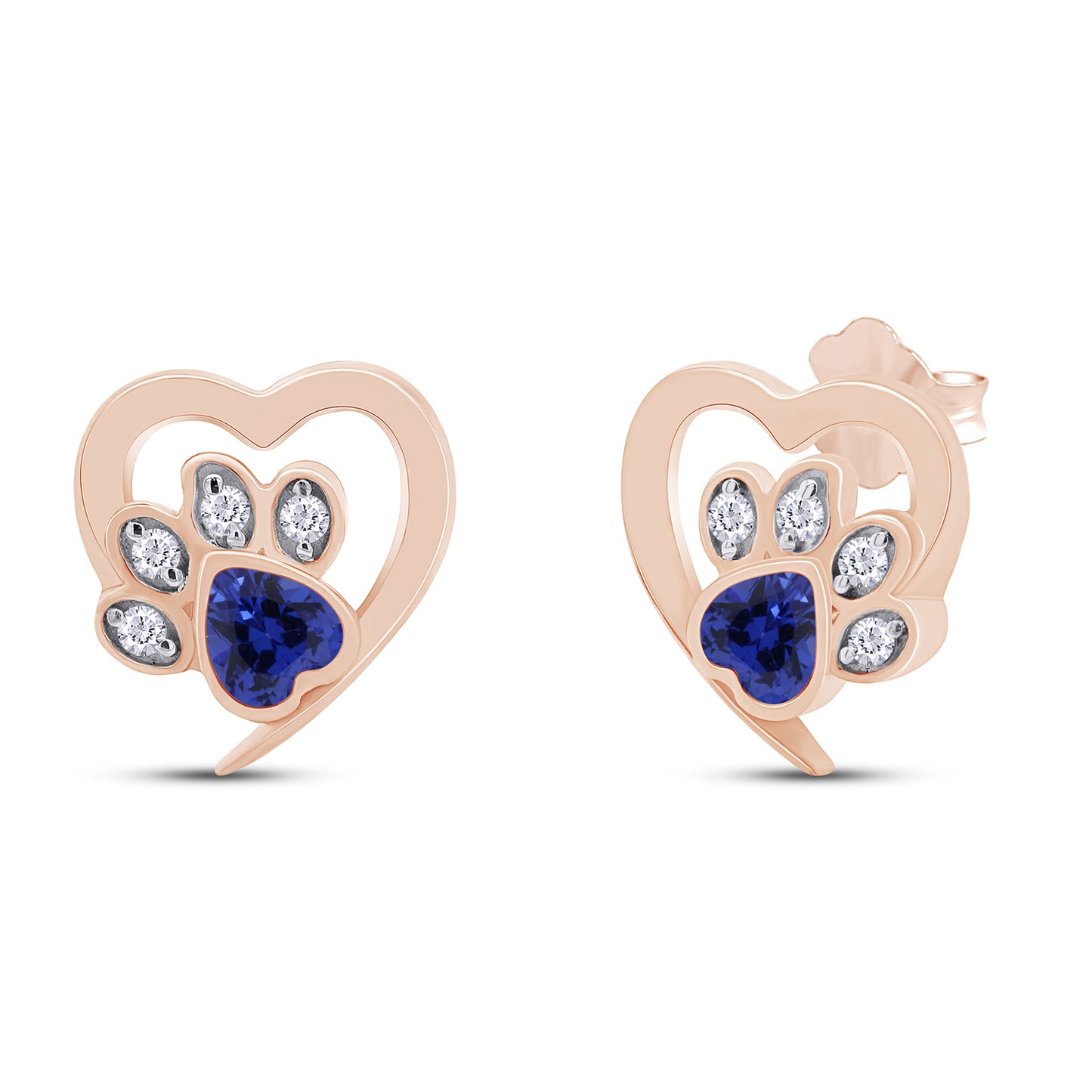 Heart & Round Cut Simulated Birthstone & White Cubic Zirconia Cat Puppy Paw Print Stud Earrings In 925 Sterling Silver