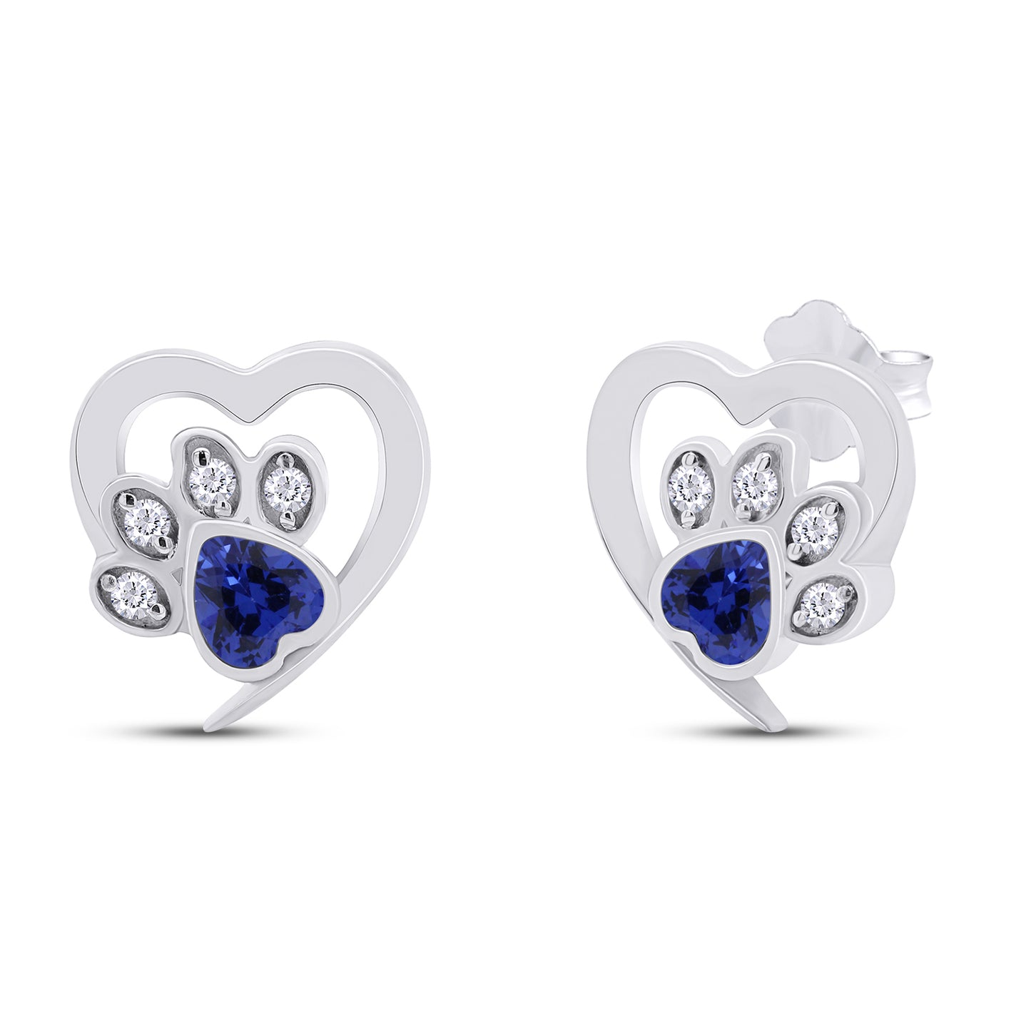 Heart & Round Cut Simulated Birthstone & White Cubic Zirconia Cat Puppy Paw Print Stud Earrings In 925 Sterling Silver