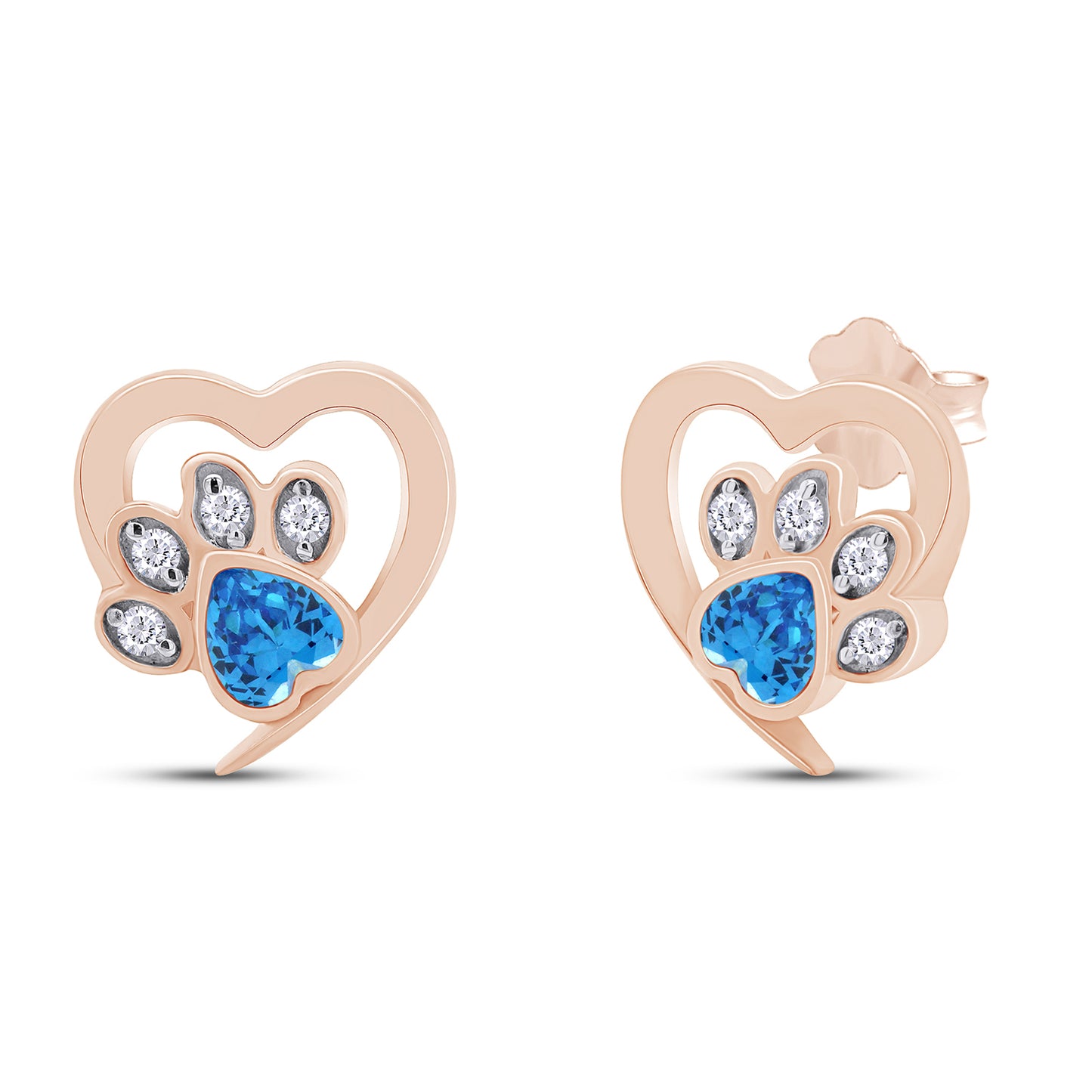 Heart & Round Cut Simulated Birthstone & White Cubic Zirconia Cat Puppy Paw Print Stud Earrings In 925 Sterling Silver