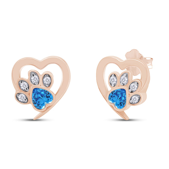 Heart & Round Cut Simulated Birthstone & White Cubic Zirconia Cat Puppy Paw Print Stud Earrings In 925 Sterling Silver