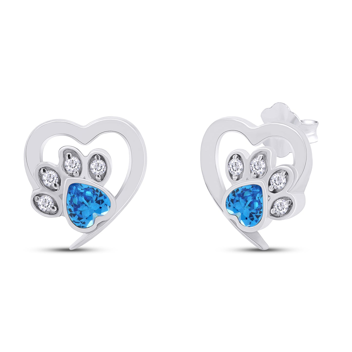 Heart & Round Cut Simulated Birthstone & White Cubic Zirconia Cat Puppy Paw Print Stud Earrings In 925 Sterling Silver