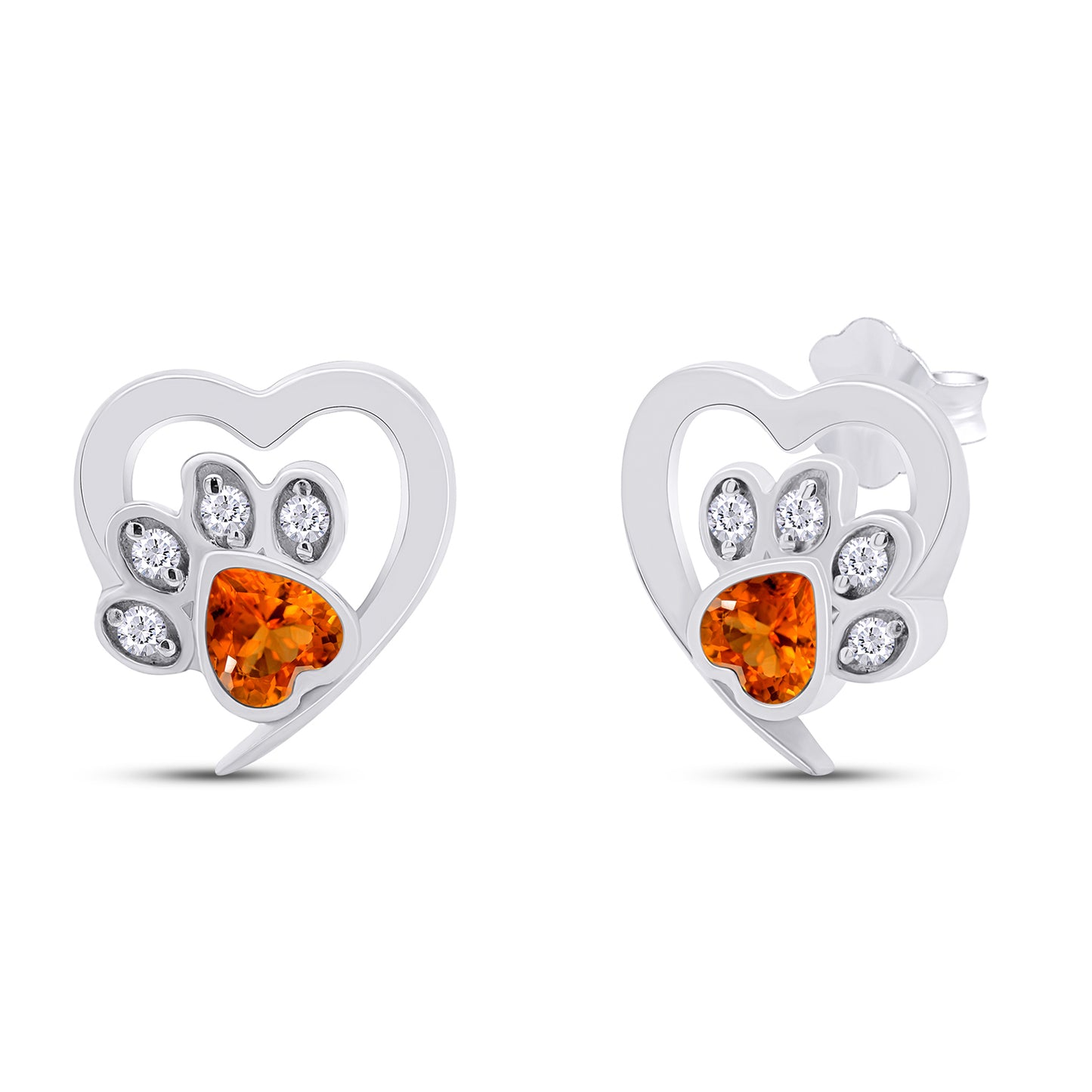 Heart & Round Cut Simulated Birthstone & White Cubic Zirconia Cat Puppy Paw Print Stud Earrings In 925 Sterling Silver