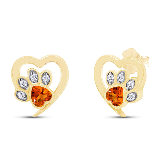 Heart & Round Cut Simulated Birthstone & White Cubic Zirconia Cat Puppy Paw Print Stud Earrings In 925 Sterling Silver