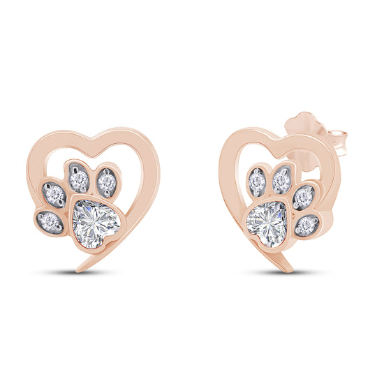 Heart & Round Cut Simulated Birthstone & White Cubic Zirconia Cat Puppy Paw Print Stud Earrings In 925 Sterling Silver
