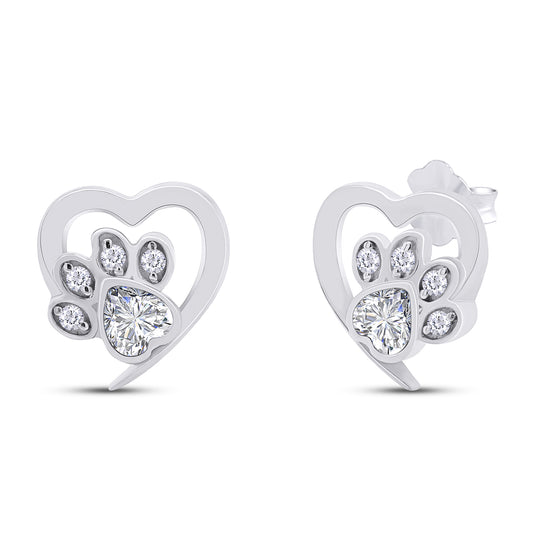 Heart & Round Cut Simulated Birthstone & White Cubic Zirconia Cat Puppy Paw Print Stud Earrings In 925 Sterling Silver