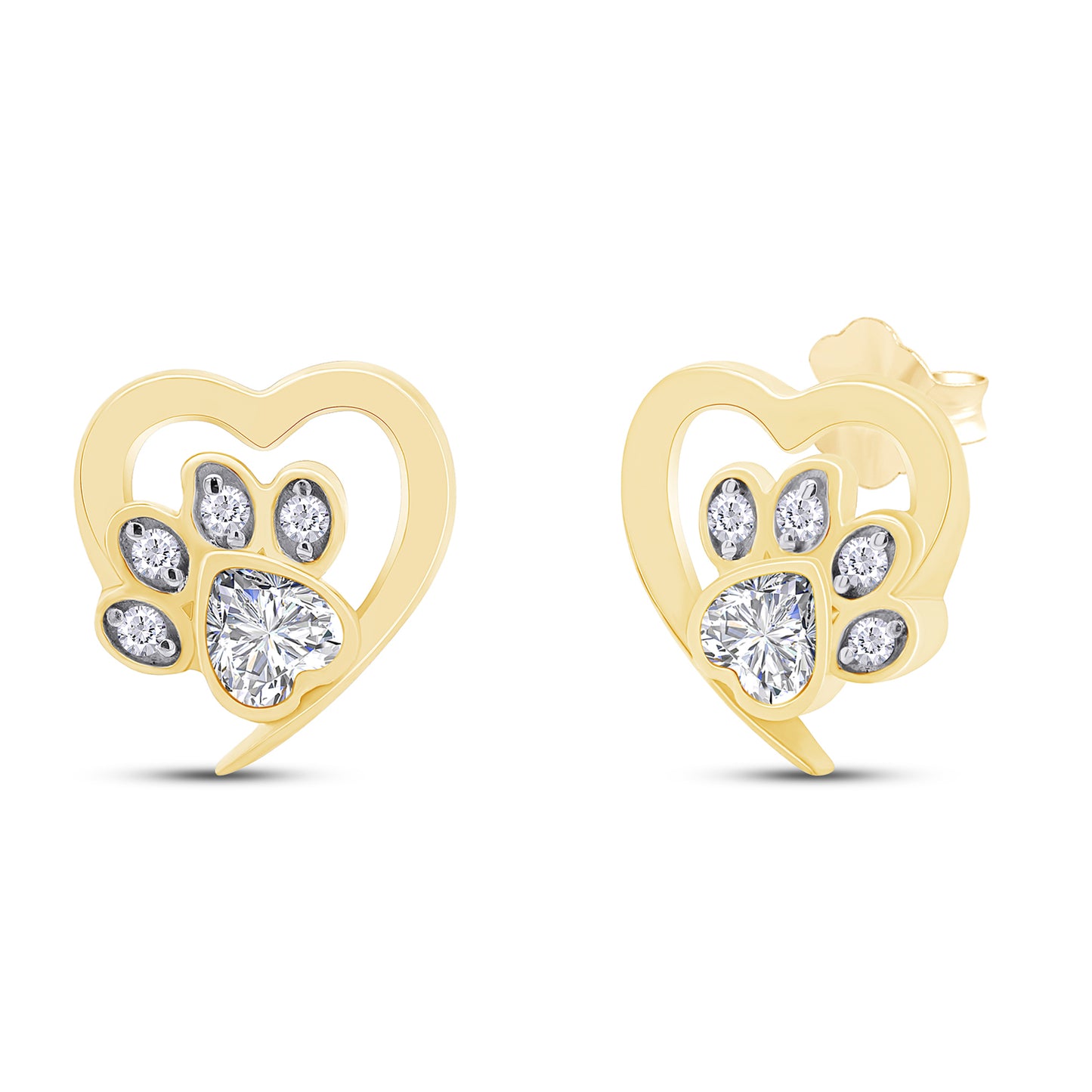 Heart & Round Cut Simulated Birthstone & White Cubic Zirconia Cat Puppy Paw Print Stud Earrings In 925 Sterling Silver