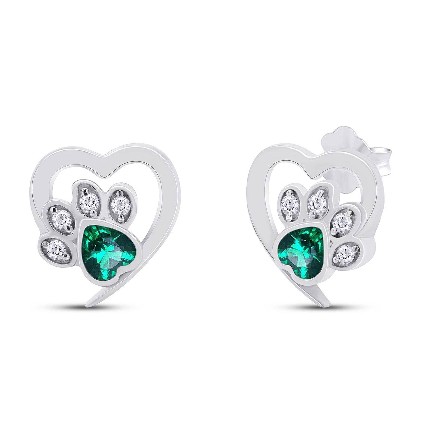 Heart & Round Cut Simulated Birthstone & White Cubic Zirconia Cat Puppy Paw Print Stud Earrings In 925 Sterling Silver