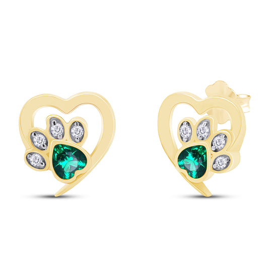 Heart & Round Cut Simulated Birthstone & White Cubic Zirconia Cat Puppy Paw Print Stud Earrings In 925 Sterling Silver