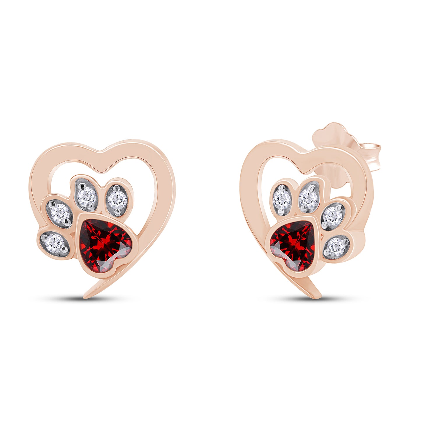 Heart & Round Cut Simulated Birthstone & White Cubic Zirconia Cat Puppy Paw Print Stud Earrings In 925 Sterling Silver