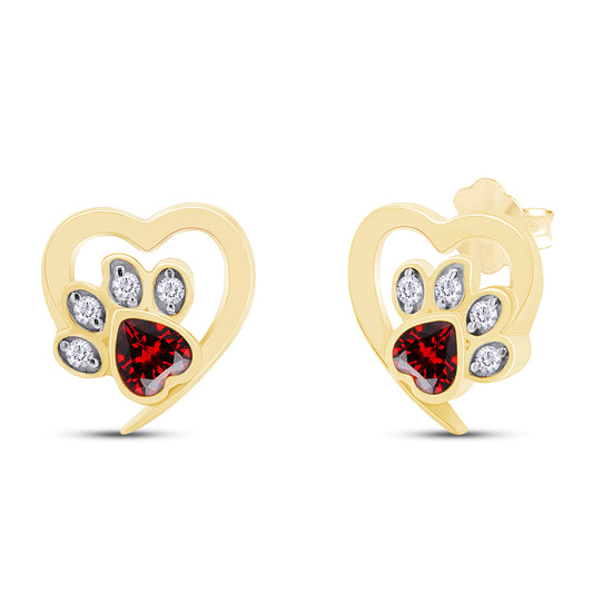 Heart & Round Cut Simulated Birthstone & White Cubic Zirconia Cat Puppy Paw Print Stud Earrings In 925 Sterling Silver