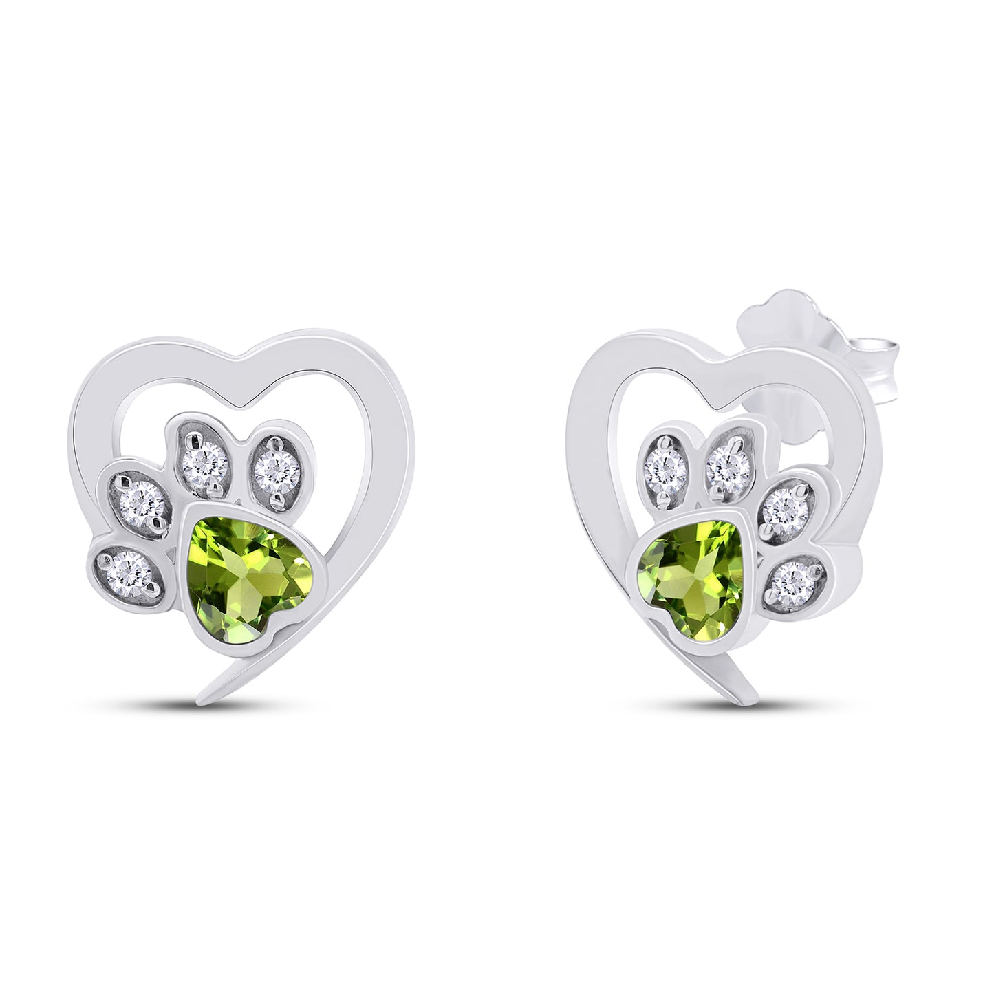 Heart & Round Cut Simulated Birthstone & White Cubic Zirconia Cat Puppy Paw Print Stud Earrings In 925 Sterling Silver