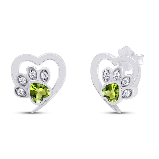 Heart & Round Cut Simulated Birthstone & White Cubic Zirconia Cat Puppy Paw Print Stud Earrings In 925 Sterling Silver