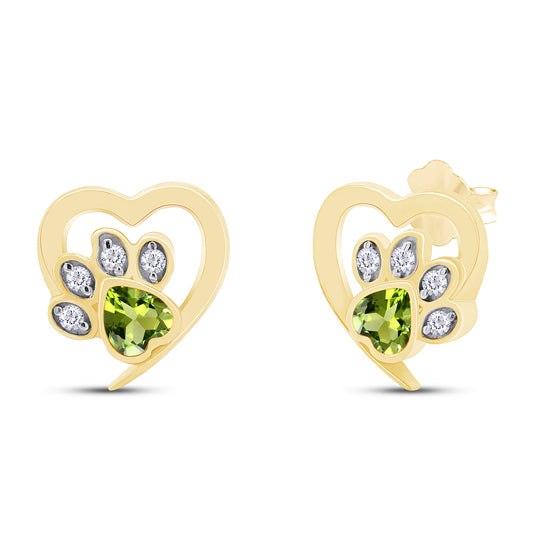 Heart & Round Cut Simulated Birthstone & White Cubic Zirconia Cat Puppy Paw Print Stud Earrings In 925 Sterling Silver