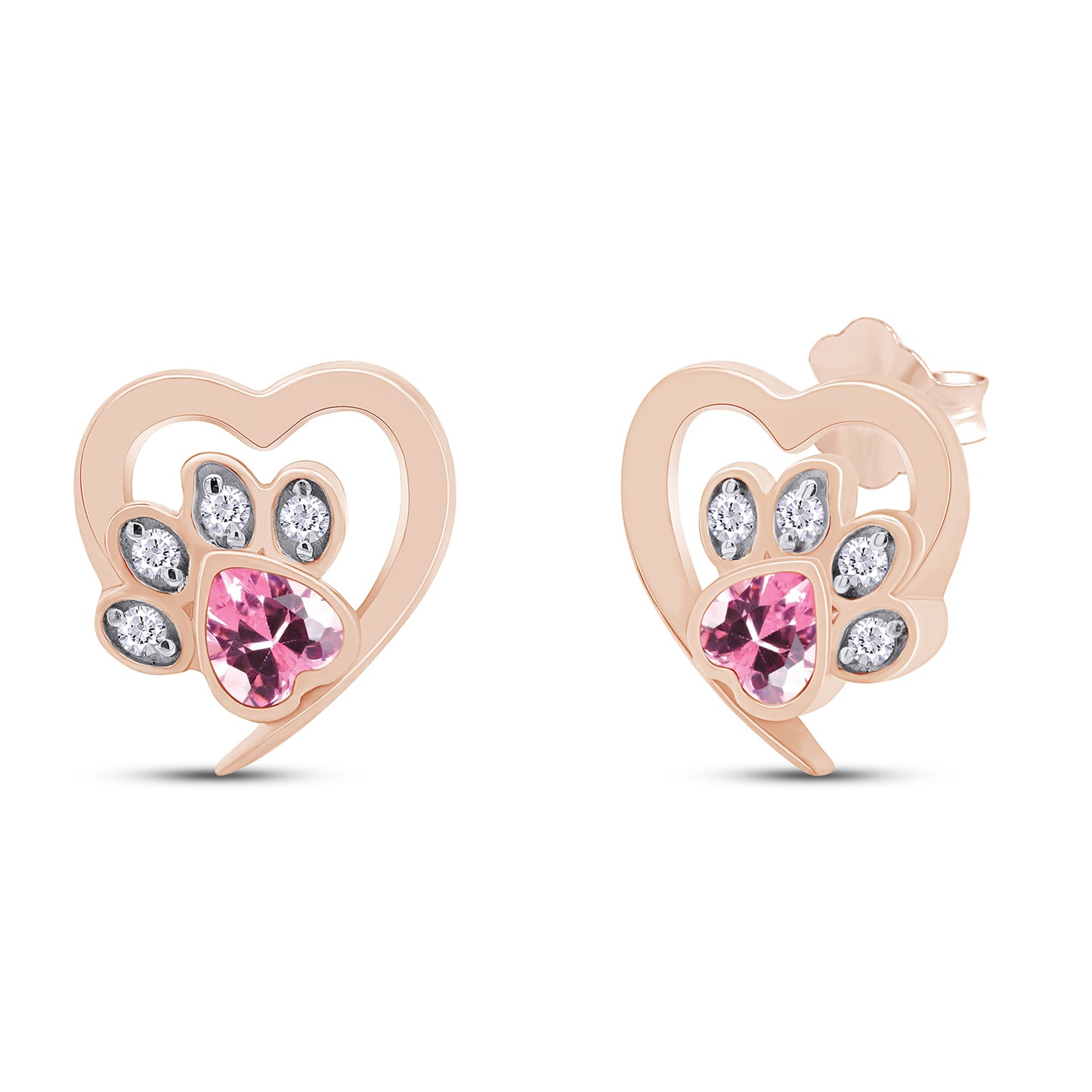 Heart & Round Cut Simulated Birthstone & White Cubic Zirconia Cat Puppy Paw Print Stud Earrings In 925 Sterling Silver