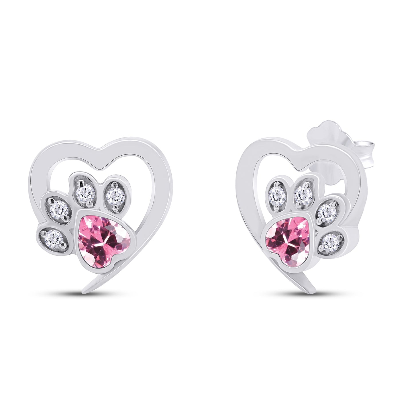 Heart & Round Cut Simulated Birthstone & White Cubic Zirconia Cat Puppy Paw Print Stud Earrings In 925 Sterling Silver