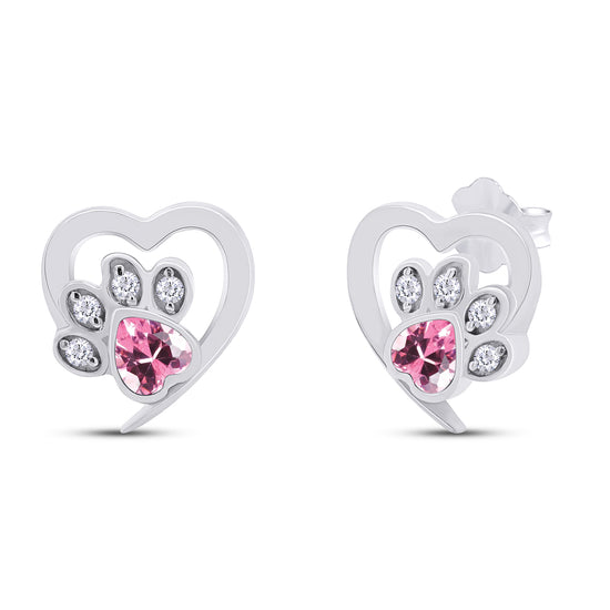 Heart & Round Cut Simulated Birthstone & White Cubic Zirconia Cat Puppy Paw Print Stud Earrings In 925 Sterling Silver