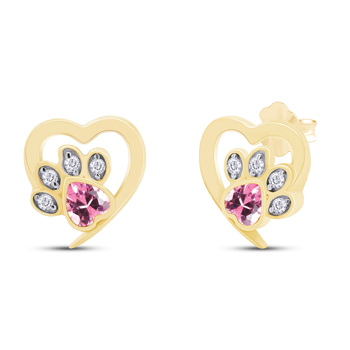 Heart & Round Cut Simulated Birthstone & White Cubic Zirconia Cat Puppy Paw Print Stud Earrings In 925 Sterling Silver