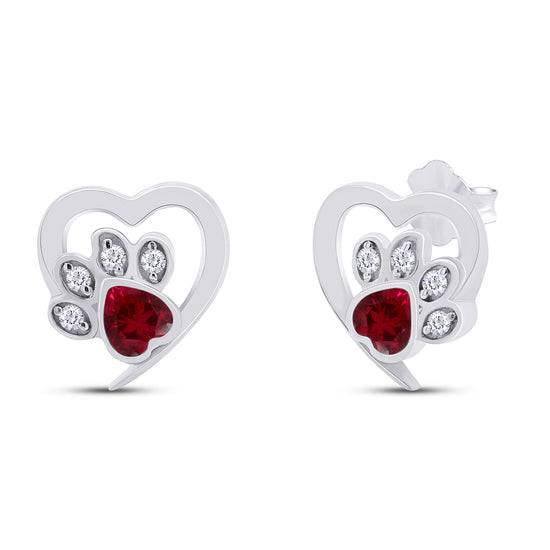 Heart & Round Cut Simulated Birthstone & White Cubic Zirconia Cat Puppy Paw Print Stud Earrings In 925 Sterling Silver