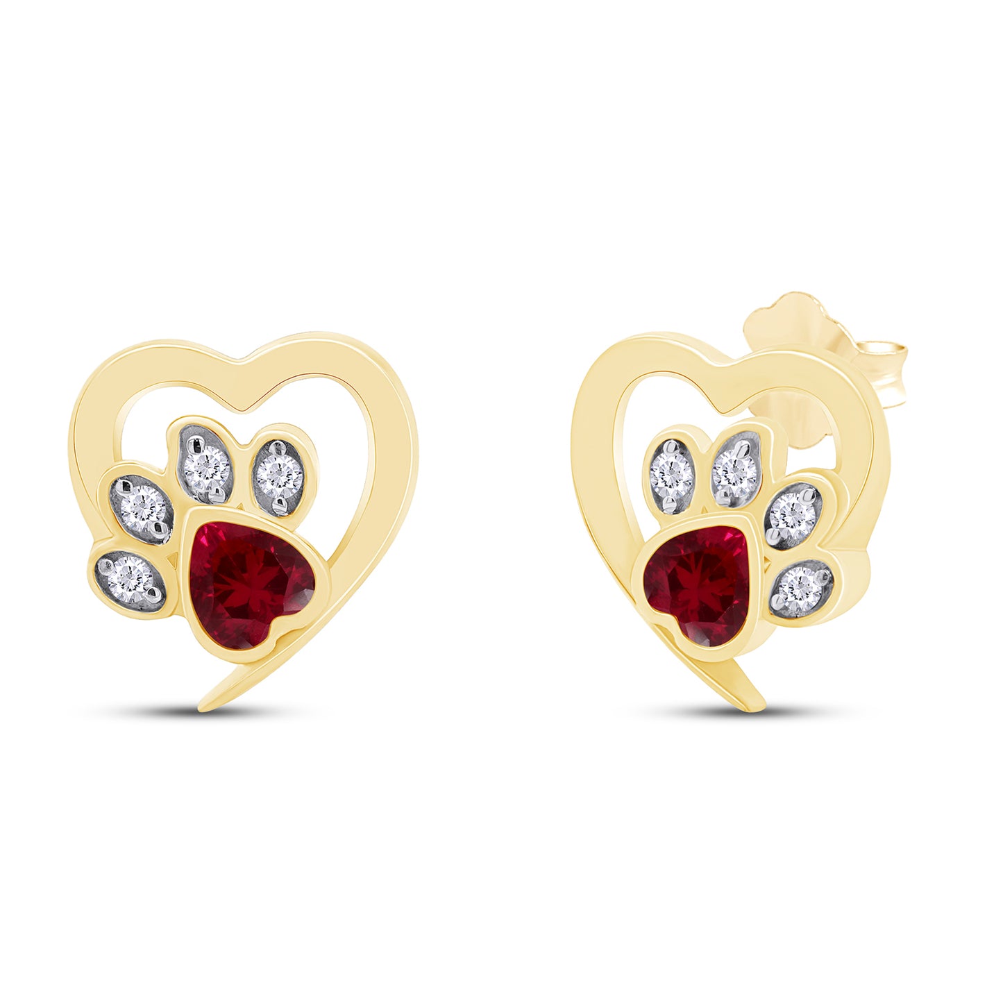Heart & Round Cut Simulated Birthstone & White Cubic Zirconia Cat Puppy Paw Print Stud Earrings In 925 Sterling Silver