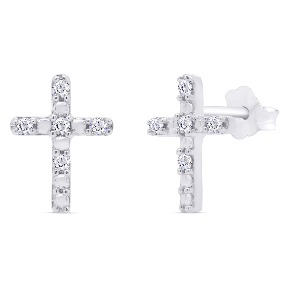 1/20 Carat Round Cut Natural Diamond Accent Cross Stud Earrings For Women In 925 Sterling Silver (0.05 Cttw)