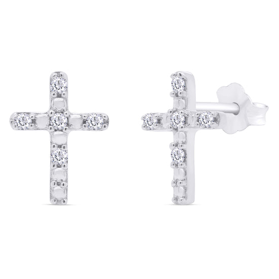 Load image into Gallery viewer, 1/20 Carat Round Cut Natural Diamond Accent Cross Stud Earrings For Women In 925 Sterling Silver (0.05 Cttw)
