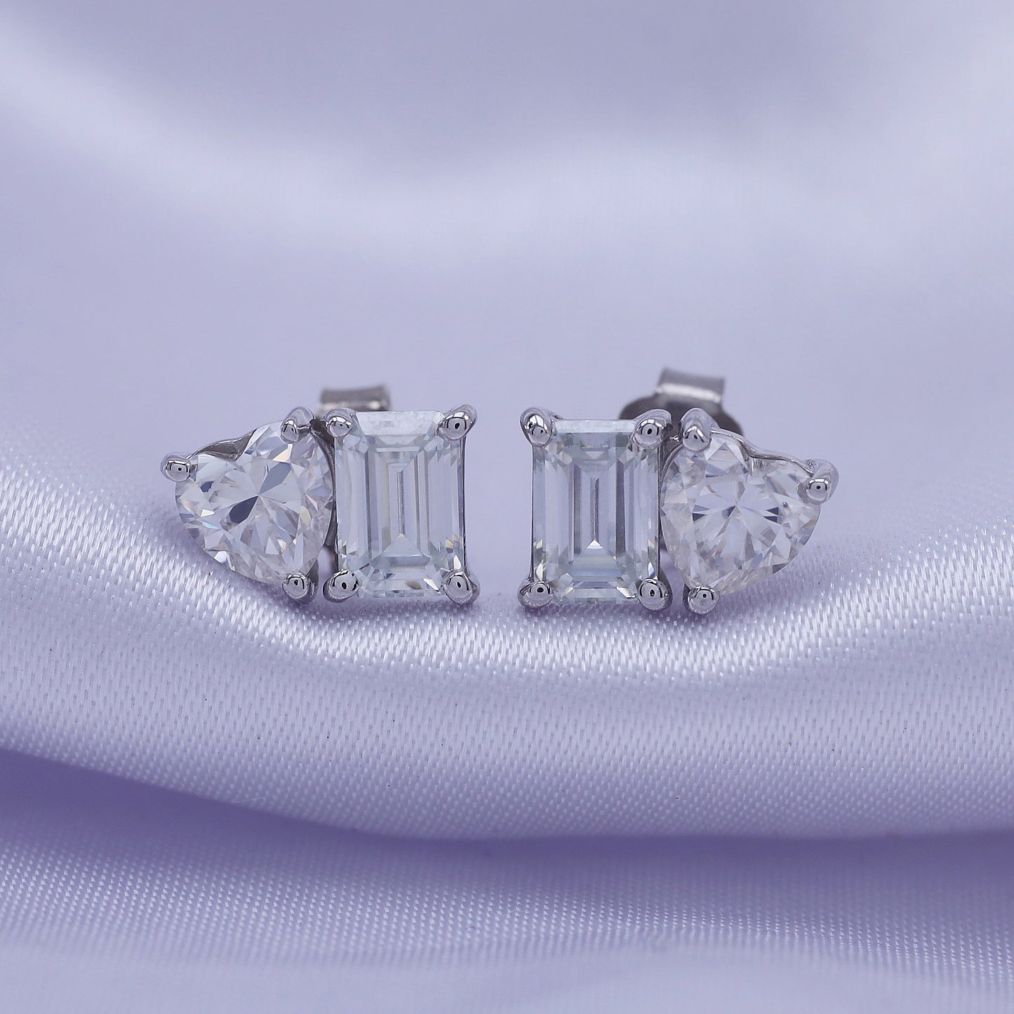 Emerald & Heart Cut Lab Created Moissanite Diamond 2 Stone Toi Et Moi Stud Earring In 925 Sterling Silver (1.70 Cttw)