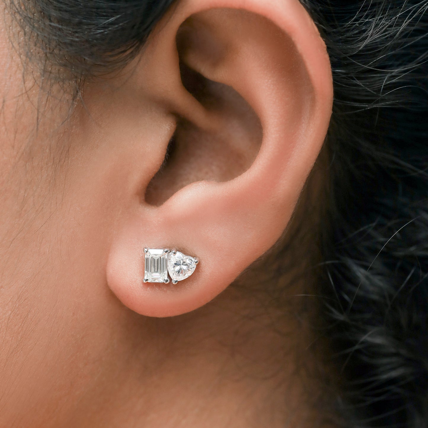 Emerald & Heart Cut Lab Created Moissanite Diamond 2 Stone Toi Et Moi Stud Earring In 925 Sterling Silver (1.70 Cttw)