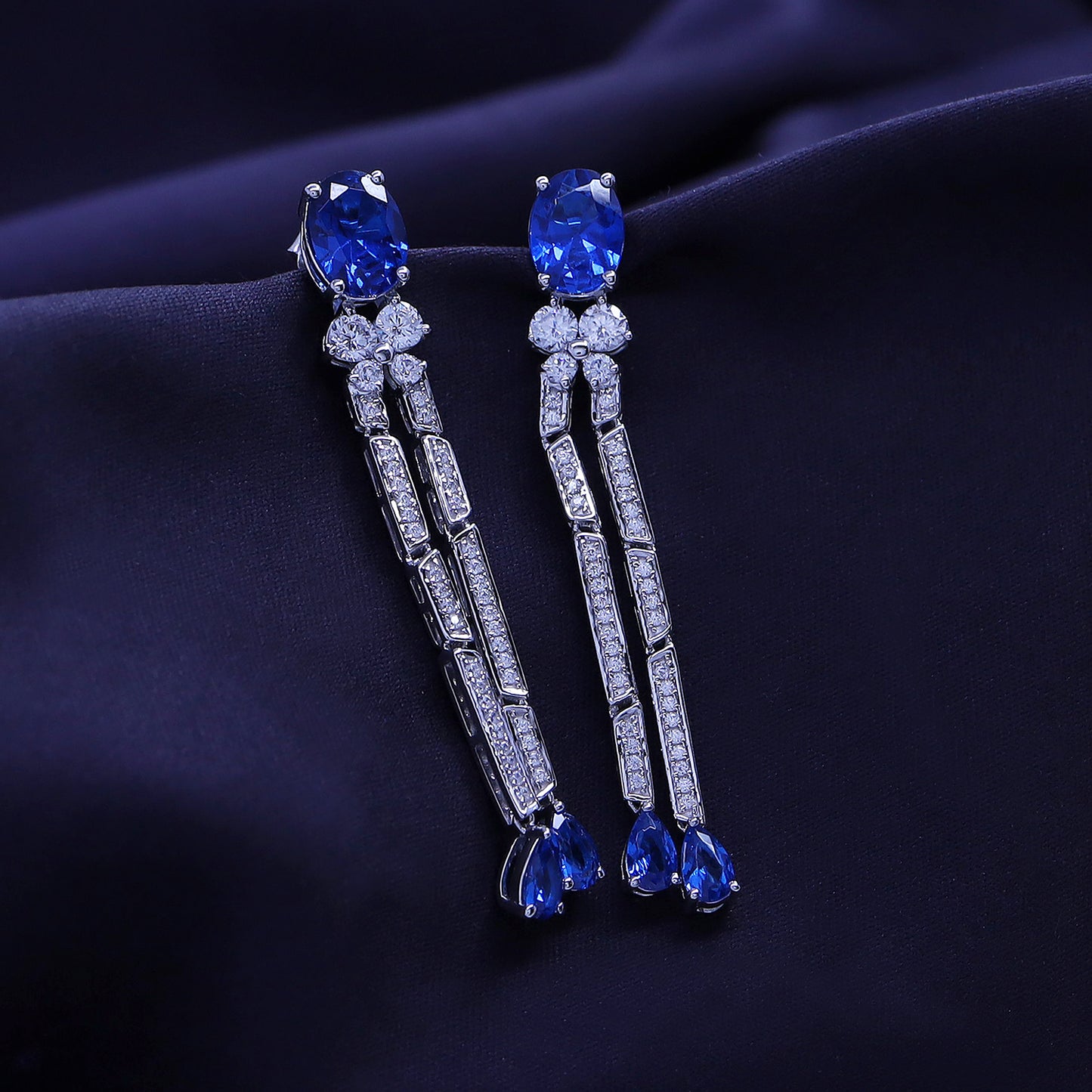 Oval & Pear Cut Simulated Blue Sapphire And Round White Cubic Zirconia Tassel Dangle Stud Earrings In 10K & 14K Solid Gold And 925 Sterling Silver