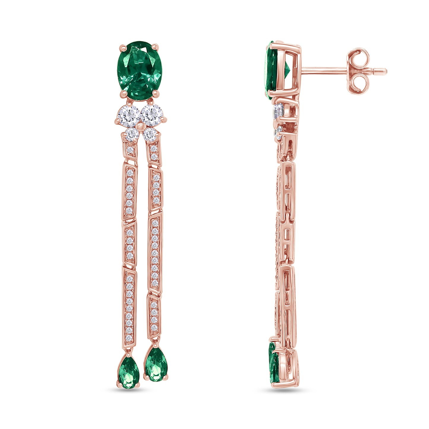 Load image into Gallery viewer, Oval &amp;amp; Pear Cut Simulated Green Emerald And Round White Cubic Zirconia Tassel Dangle Stud Earrings In 10K &amp;amp; 14K Solid Gold And 925 Sterling Silver
