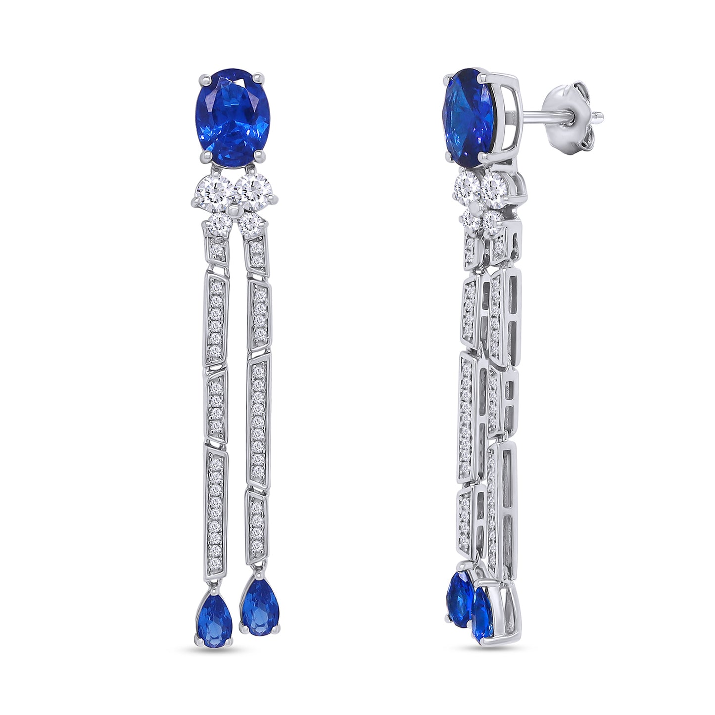 Oval & Pear Cut Simulated Blue Sapphire And Round White Cubic Zirconia Tassel Dangle Stud Earrings In 10K & 14K Solid Gold And 925 Sterling Silver