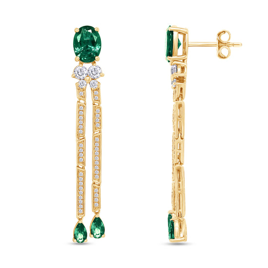 Load image into Gallery viewer, Oval &amp;amp; Pear Cut Simulated Green Emerald And Round White Cubic Zirconia Tassel Dangle Stud Earrings In 10K &amp;amp; 14K Solid Gold And 925 Sterling Silver
