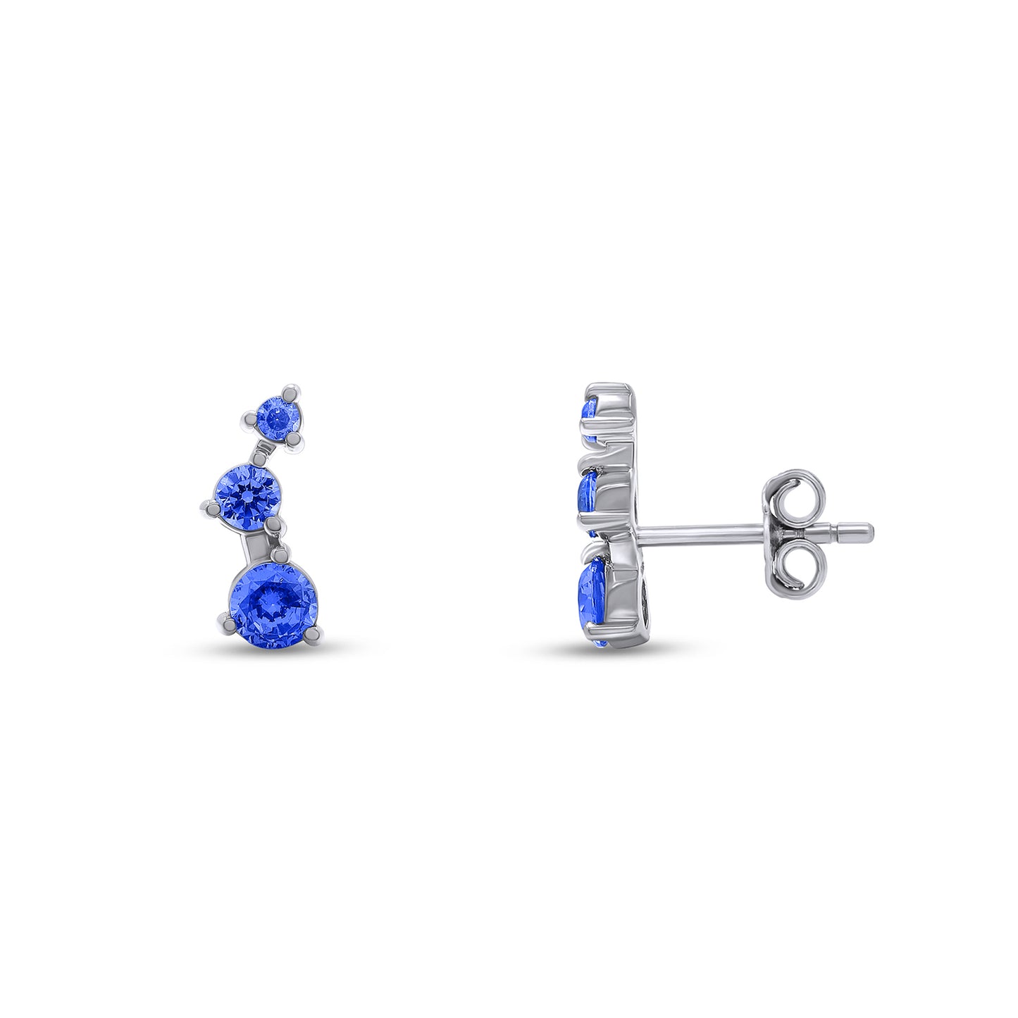 Round Cut Simulated Blue Sapphire 3-Stone Ear Crawler Stud Earrings For Women In 10K Or 14K Solid Gold And 925 Sterling Silver