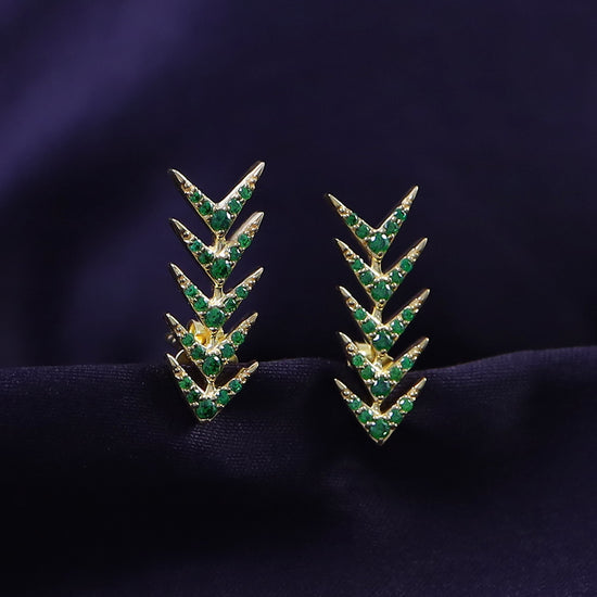 Round Cut Simulated Green Emerald Arrow Climbers Ear Crawler Earrings For Women In 10K Or 14K Solid Gold And 925 Sterling Silver