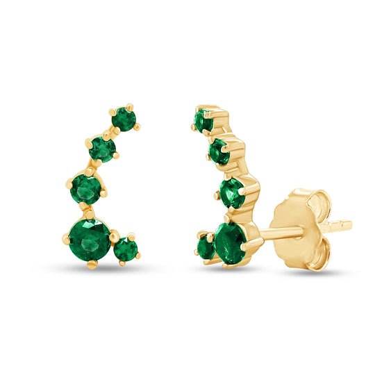 Round Cut Simulated Green Emerald 5-Stone Ear Crawler Stud Earrings For Women In 10K Or 14K Solid Gold And 925 Sterling Silver