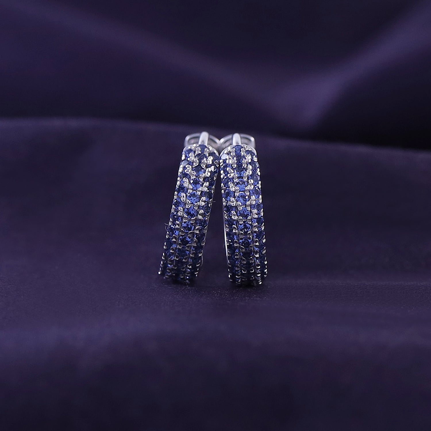 Simulated Blue Sapphire Triple Row Huggies Hoop Earrings