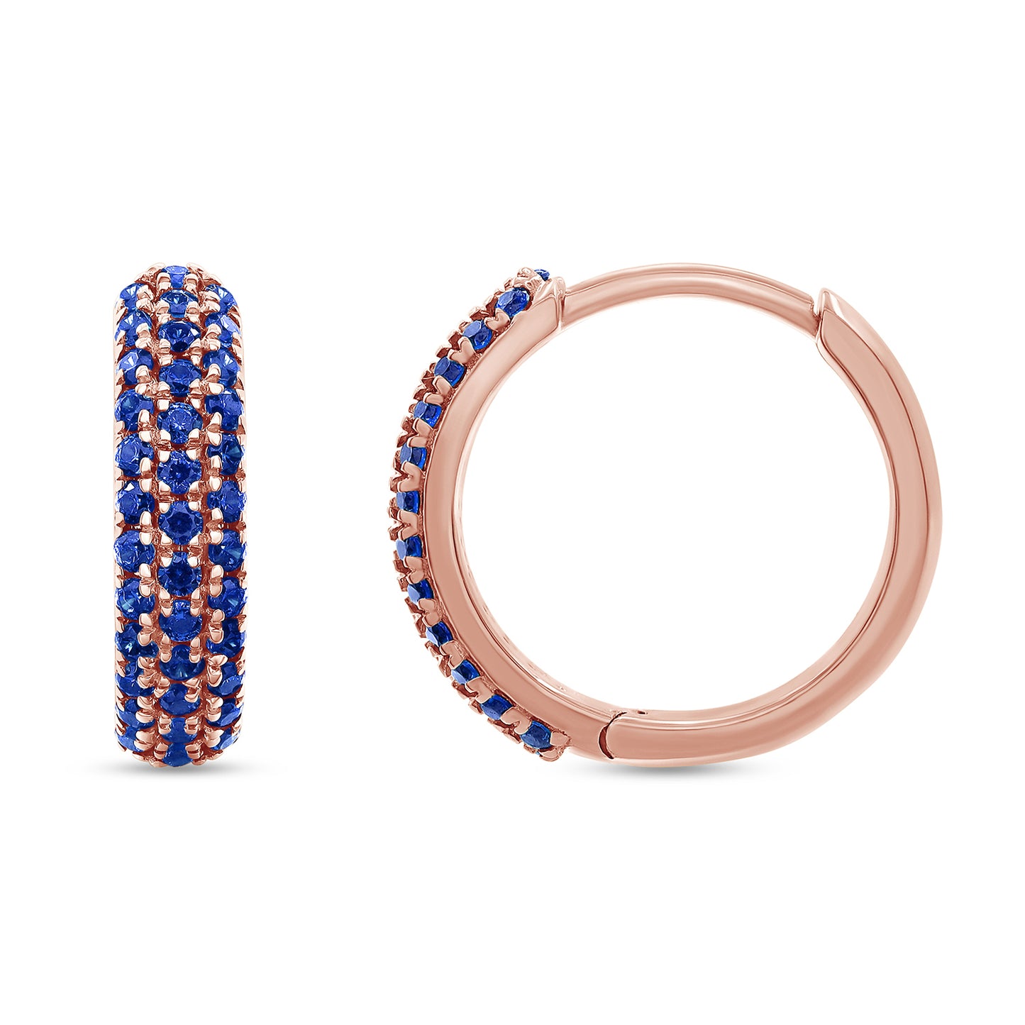 Round Cut Simulated Blue Sapphire Triple Row Huggies Hoop Earrings For Women In 10K Or 14K Solid Gold And 925 Sterling Silver