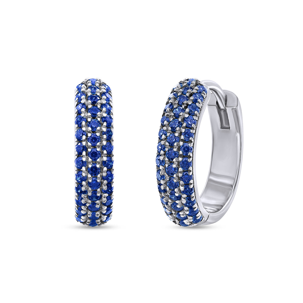 Round Cut Simulated Blue Sapphire Triple Row Huggies Hoop Earrings For Women In 10K Or 14K Solid Gold And 925 Sterling Silver