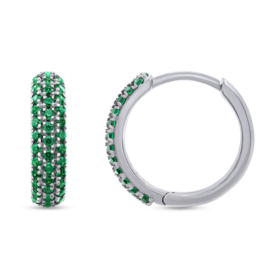 Round Cut Simulated Green Emerald Triple Row Huggies Hoop Earrings For Women In 10K Or 14K Solid Gold And 925 Sterling Silver