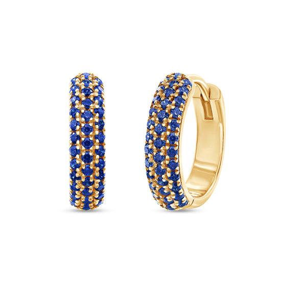 Round Cut Simulated Blue Sapphire Triple Row Huggies Hoop Earrings For Women In 10K Or 14K Solid Gold And 925 Sterling Silver