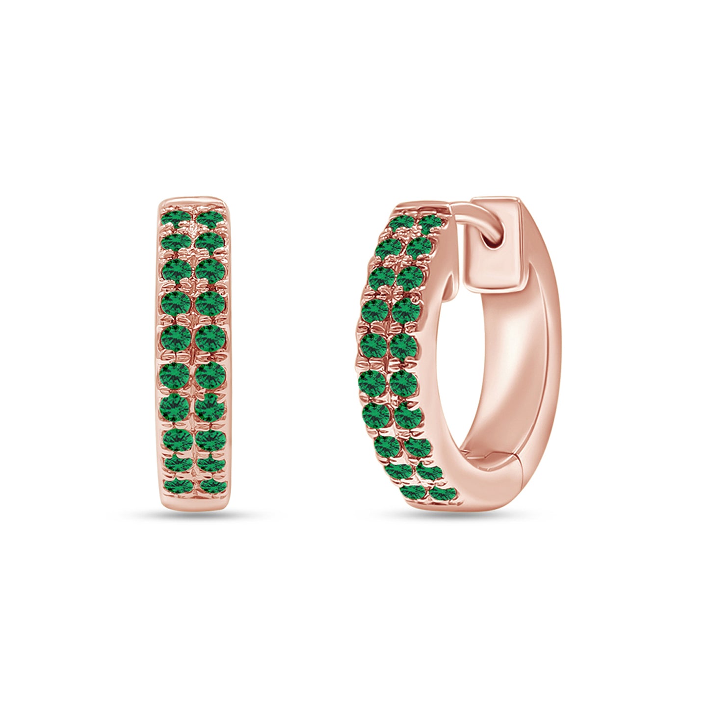 Load image into Gallery viewer, Round Cut Simulated Green Emerald Double Row Huggies Hoop Earrings For Women In 10K Or 14K Solid Gold And 925 Sterling Silver

