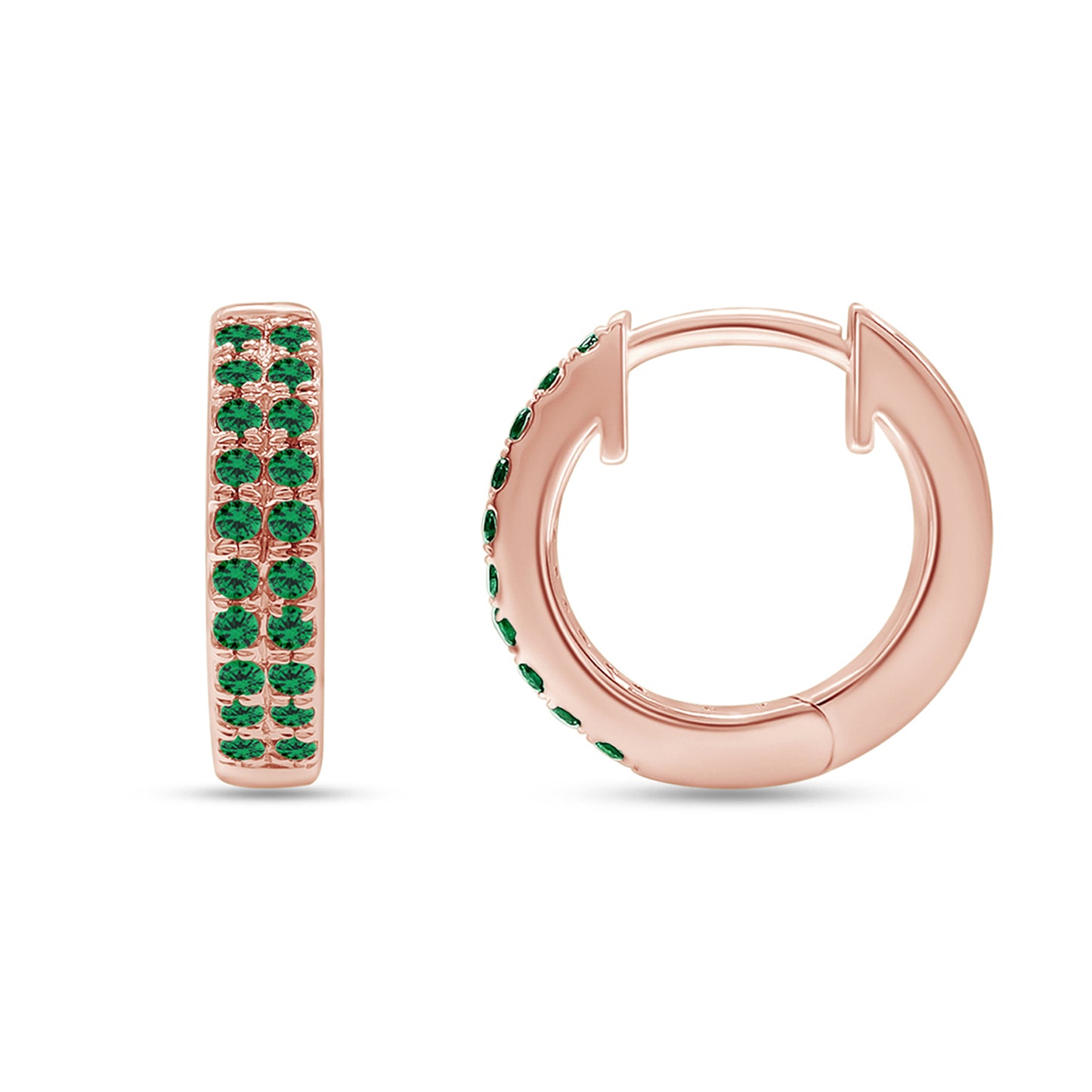 Round Cut Simulated Green Emerald Double Row Huggies Hoop Earrings For Women In 10K Or 14K Solid Gold And 925 Sterling Silver