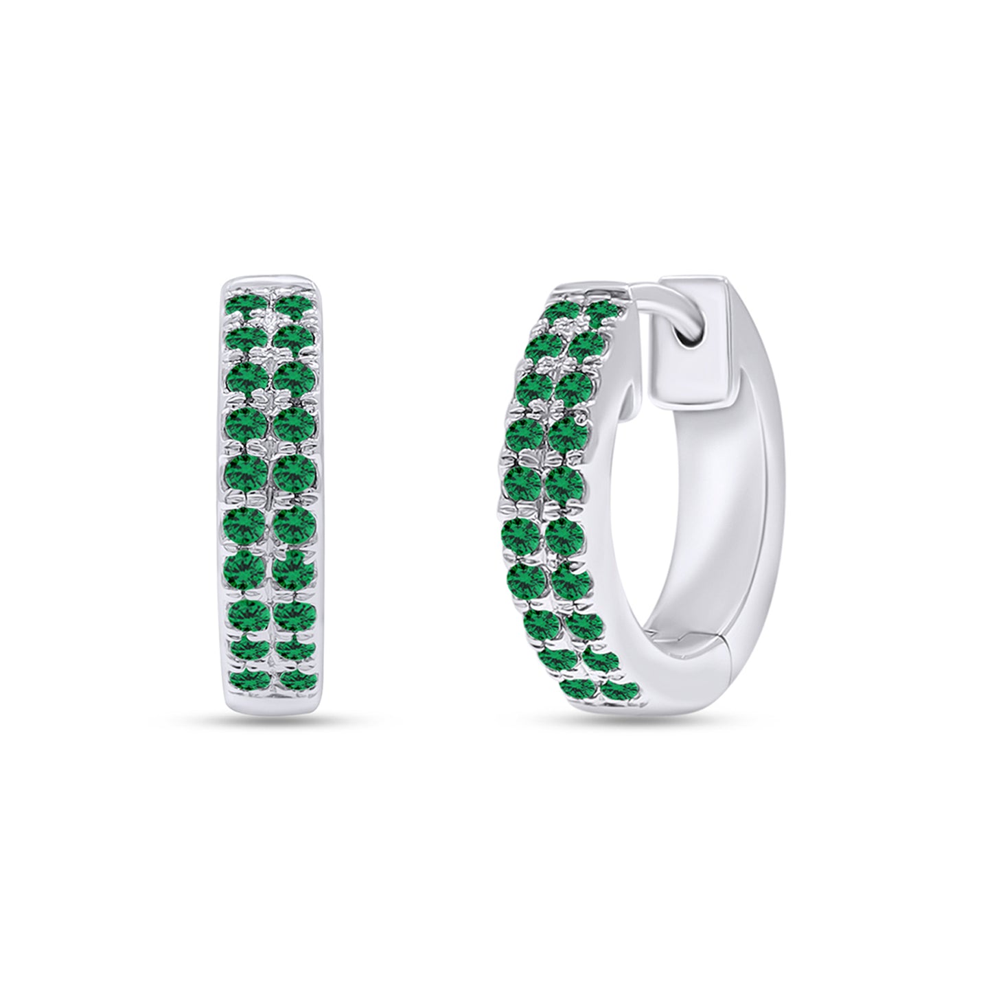 Round Cut Simulated Green Emerald Double Row Huggies Hoop Earrings For Women In 10K Or 14K Solid Gold And 925 Sterling Silver