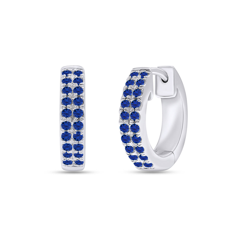 Round Cut Simulated Blue Sapphire Double Row Huggies Hoop Earrings For Women In 10K Or 14K Solid Gold And 925 Sterling Silver