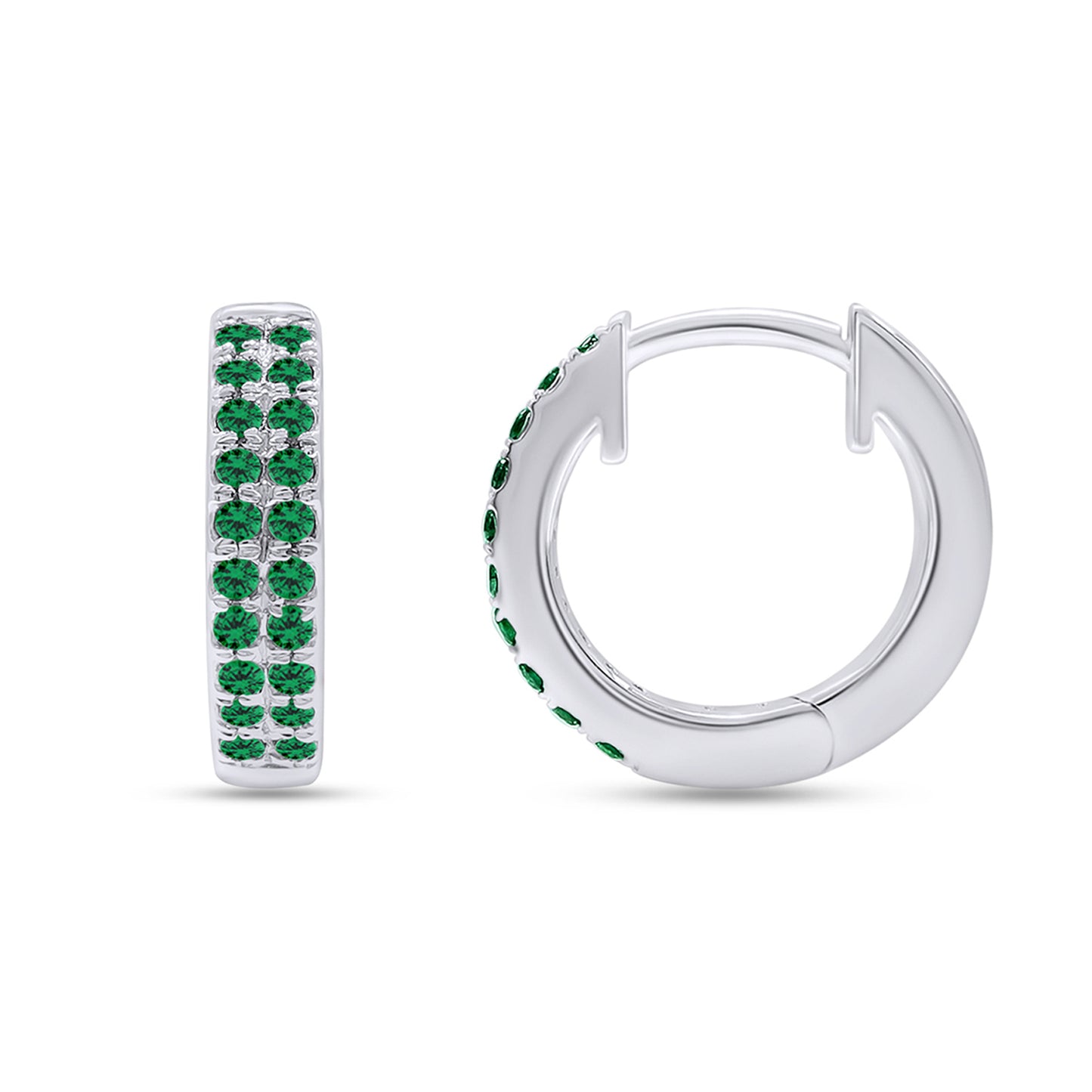 Load image into Gallery viewer, Round Cut Simulated Green Emerald Double Row Huggies Hoop Earrings For Women In 10K Or 14K Solid Gold And 925 Sterling Silver
